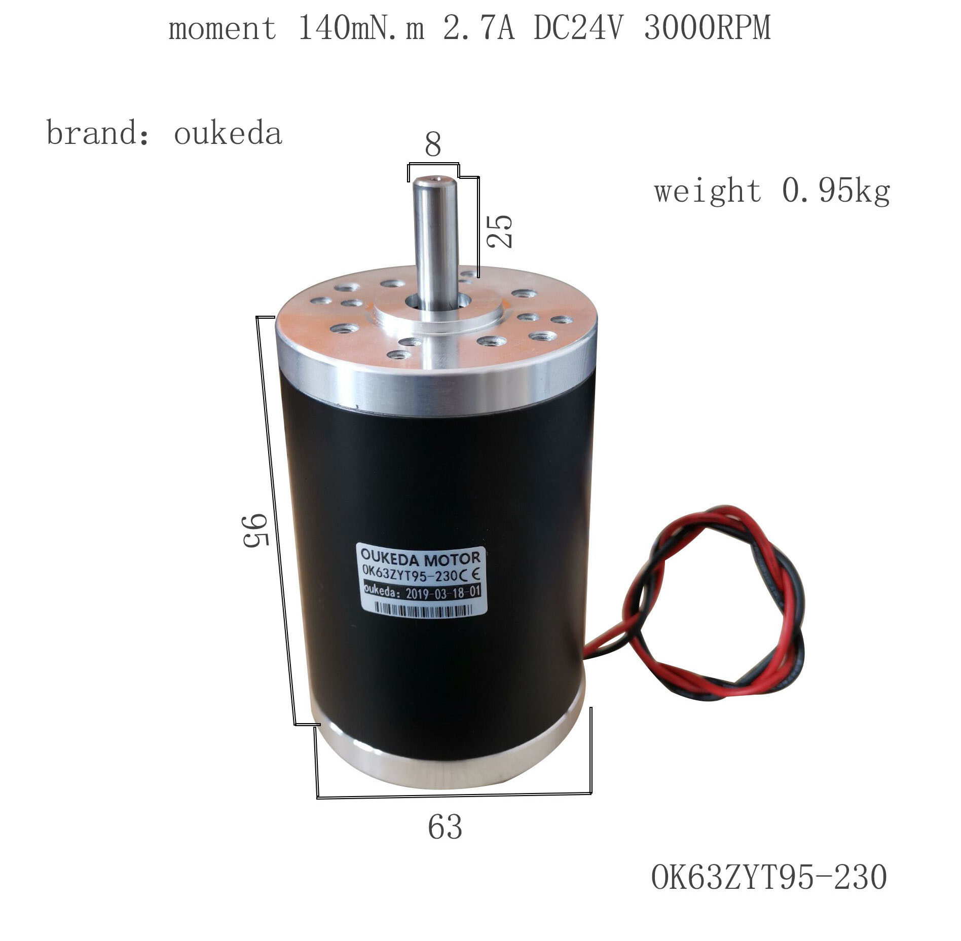 OUKEDA OK63ZYT95-230 63mm Brushed DC Motor 24V 3000RPM 14Ncm 2.7A